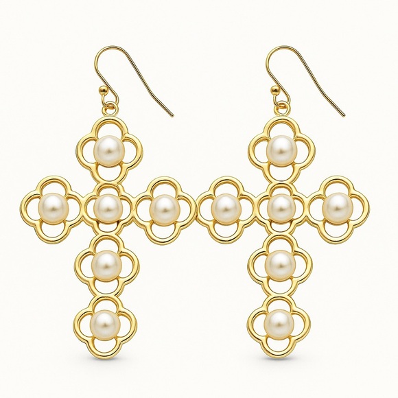 Anthropologie Jewelry - ⚜️ Loée Elegant Gold Cross Floral Earrings With Pearl ❤️‍🔥💫